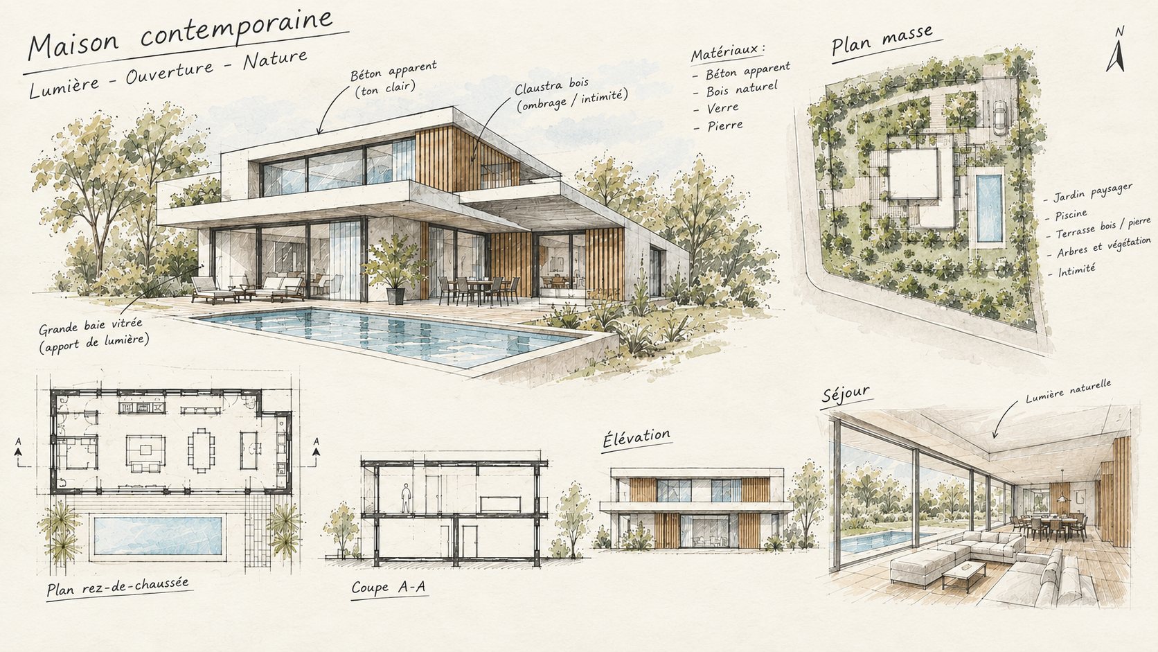 Projet architectural contemporain au coucher du soleil